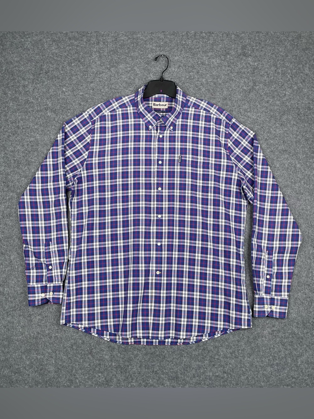 Barbour Highland Plaid Shirt Mens Size XL Blue Tailored Fit Gingham Button Down
